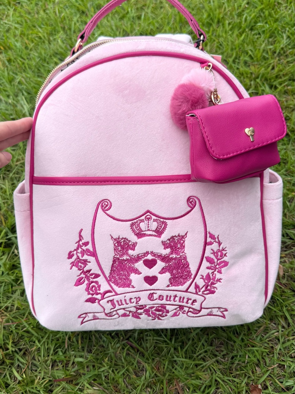 Juicy Couture Light Pink & Hot Pink Backpack with Pom-Pom and Pouch